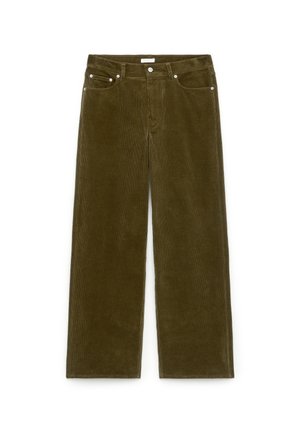 Olivgrüne Corduroy- weitgeschnittene Hosen mit strukturierter Oberfläche. Enthält fünf Taschen und silberne Metallbeschläge. Gerades Bein Design.