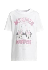 Balta kokvilnas T-krekls ar grafisku drukāšanu, kurā redzami divi Minnie Mouse galvas, rozā lentiņas un dekoratīvs teksts rozā un melnā krāsā.