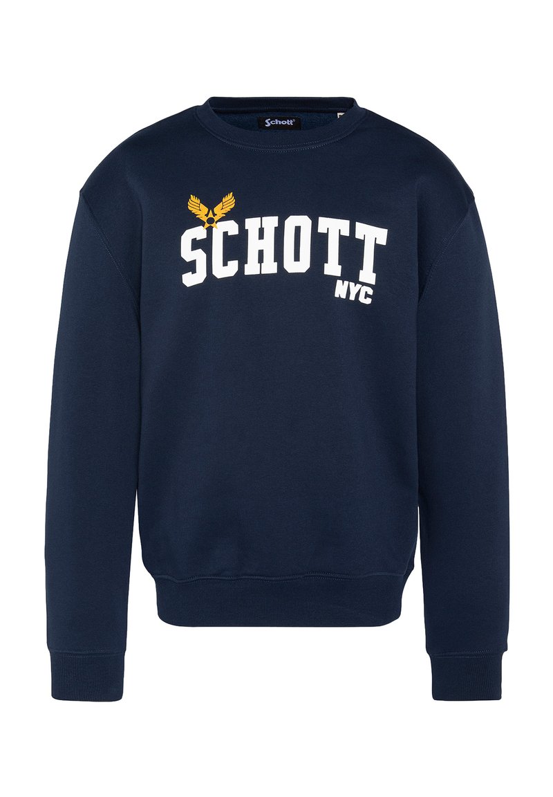 Navigatieblauwe sweatshirt van zacht materiaal, met een ronde hals, lange mouwen en witte tekst "SCHOTT NYC" met een gele arendembleem.