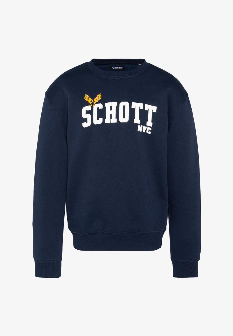 Navigatieblauwe sweatshirt van zacht materiaal, met een ronde hals, lange mouwen en witte tekst "SCHOTT NYC" met een gele arendembleem.