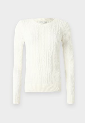 Valge soonikkoega kampsun pikkade varrukatega, ümmarguse kaelusega ja soonikkoes äärega. Valmistatud tekstuurse kangaga, klassikalise ja fitted lõikega.