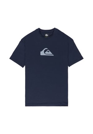 Marineblauw T-shirt met korte mouwen en ronde hals, met een lichtgrijs gestileerd golf- en berglogo in het midden van de borst.