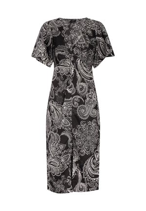 Čierne šaty s krátkymi rozstrapkanými rukávmi, s bielym paisley dizajnom a predným zaväzovaním. Hladká tkanina, dĺžka po kolená.