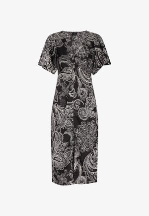 Schwarzes Kleid mit kurzen, flatternden Ärmeln, das ein weißes Paisleymuster und eine Frontbindung aufweist. Glattes Material, knielanger Schnitt.