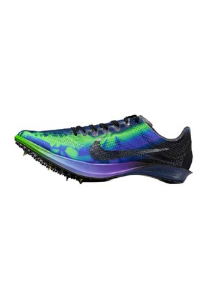 Leichter Nike Laufschuh mit Spikes in Blau, Grün und Lila, mit schwarzem Swoosh und Stollen an der Sohle für Bahnwettkämpfe.