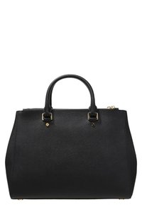 Borsa a mano in pelle nera con forma strutturata, doppi manici superiori, hardware dorato e texture liscia. Presenta dettagli in rilievo sottili.