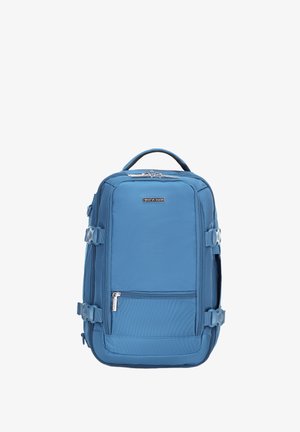 Mochila de nailon azul con forma rectangular, compartimentos con cremallera, hebillas laterales y un Asa superior para llevar.