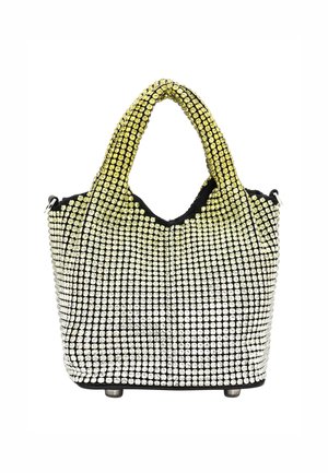 Borsa nera decorata con strass metallici, che sfuma dal giallo alle maniglie al trasparente verso la base. Presenta una parte superiore arrotondata e quattro piedi in metallo.