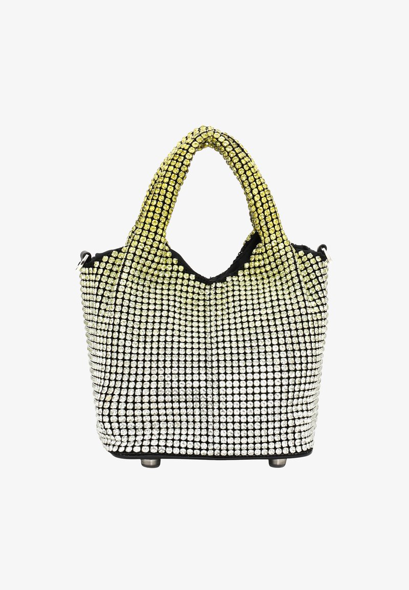 Czarna torebka ozdobiona metalicznymi cyrkoniami, przechodząca od żółtego u uchwytów do przezroczystego u podstawy. Posiada zaokrąglony wierzch i cztery metalowe nóżki.