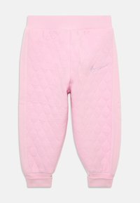 Svetloružové prešívané tepláky s ribbovým pásom a manžetami. Obsahujú malé vyšívané logo Nike v svetlejšom odtieni ružovej.
