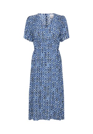 Sinine ja valge mustriga midi kleit lühikeste varrukatega, V-kaelusega, liibuv vöökoht ja nööpidega esikülg.