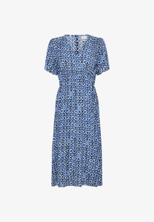 Robe midi à motifs bleus et blancs avec manches courtes, col en V, taille cintrée et devant boutonné.