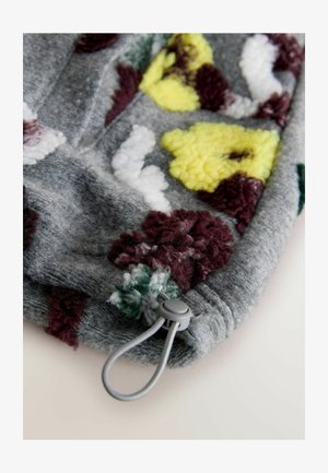 Grauer Stoff mit strukturierten, bunten Blumenmustern in Gelb, Weiß, Burgunder und Grün. Verfügt über einen grauen Kordelstopper zur Einstellung.