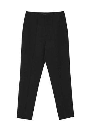 Pantalons noirs ajustés en tissu lisse, dotés de deux poches latérales, d'un devant plat et d'une coupe de jambe effilée.