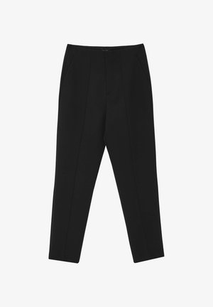 Pantalons noirs ajustés en tissu lisse, dotés de deux poches latérales, d'un devant plat et d'une coupe de jambe effilée.