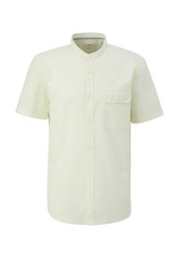 Korte mouwen button-up shirt in lichtgeel, met een kraag, een borstzak en een subtiel textuurpatroon. Gemaakt van lichtgewicht stof.