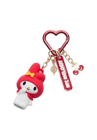 Portachiavi My Melody rosso e bianco con clip metallica a forma di cuore, presenta una figura che tiene un dito sulle labbra, charm dorati e dettagli a forma di ciliegia.