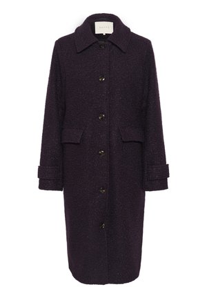 Long purple wool coat with a collared neckline, front buttons, and flap pockets. Textured fabric with rolled cuffs and straight fit.