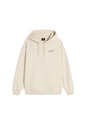 Sudadera con capucha de felpa color crema, mezcla de algodón, bolsillo canguro, puños acanalados, logo bordado en rosa claro en el pecho, ajuste relajado.