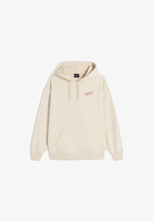 Sweat à capuche crème, mélange de coton, poche kangourou, poignets côtelés, logo brodé en rose clair sur la poitrine, coupe décontractée.