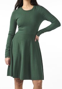 Robe en tricot vert à manches longues avec un col rond et une jupe évasée. Présente des finitions en dentelle sur les poignets. Texture douce, longueur mi-mollet.
