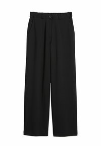 Zwarte wijde broek gemaakt van gladde stof, met een elastische tailleband, zijzakken en een knoopsluiting in de taille.