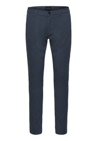 Těsné kalhoty z tmavě modré tkaniny, s knoflíkovým zapínáním, poutky na opasek a hladkým povrchem. Zakázkový design, bez viditelných vzorů.
