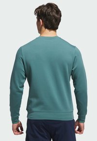 Teal long-sleeve sweatshirt with a crew neck, ribbed cuffs, and hem. Smooth texture, no visible logos or patterns, clean design.
