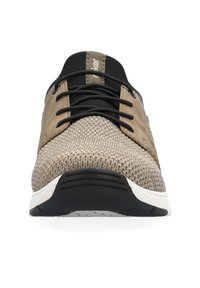 Beige sneaker with a textured knit upper and tan leather accents. Features black laces, a cushioned sole, and neutral-tone detailing.
