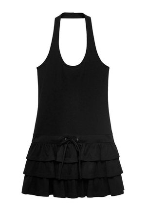 Svart ärmlös klänning med halterneck, med en åtsittande bodice och en tiered volangkjol med dragsko i midjan för justerbar passform.