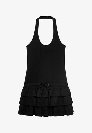 Svart ärmlös klänning med halterneck, med en åtsittande bodice och en tiered volangkjol med dragsko i midjan för justerbar passform.