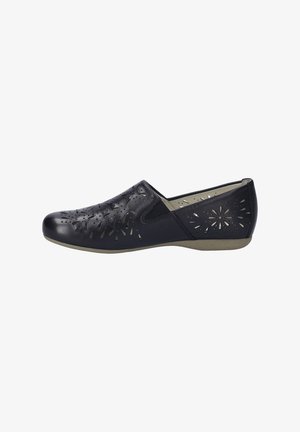 Zwarte leren instapschoenen met laser-geperforeerde bloemmotieven, een afgeronde neus en een contrasterende beige zool voor extra comfort.