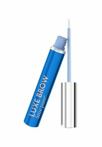 Blå sylinderformet tube med sølvhette, merket "LUXE BROW." Klar applikatorbørste med teksturerte børster for pleie av bryn.