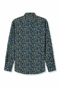Langärmliges Hemd in Dunkelblau mit einem Blumenmuster in Gelb, Weiß und Blau. Es verfügt über einen Standardkragen und Knopfmanschetten.