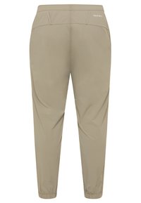 Pantaloni leggeri beige con vita elasticizzata, gamba affusolata e due tasche posteriori. Realizzati in tessuto morbido e traspirante.