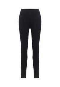 Leggings noirs avec une taille haute, fabriqués dans un tissu extensible. Le design présente une texture lisse et un ajustement longueur cheville.