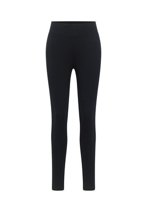 Black leggings with a high waistband, made from a stretchy fabric. The design features a smooth texture and an ankle-length fit.