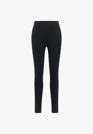 Schwarze Leggings mit hohem Bund, aus einem dehnbaren Stoff gefertigt. Das Design verfügt über eine glatte Textur und eine knöchellange Passform.