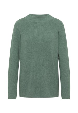 Grøn strikket sweater med et struktureret mønster, lange ærmer og rund halsudskæring. Flad bagudsigt, ingen synlige logoer eller hardware-detaljer.