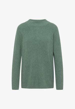 Suéter verde de punto con un patrón texturizado, mangas largas y escote redondo. Vista trasera plana, sin logotipos visibles ni detalles de hardware.