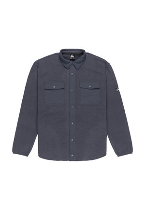 Fleece overhemdjack in donkergrijs, met een kraag, knoopsluiting aan de voorkant en twee borstzakken met een gladde stoffen overlay.