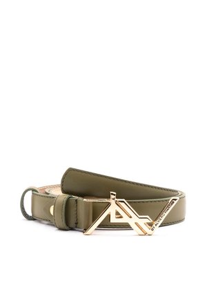 Olive green leather belt featuring a gold-tone metallic buckle with the initials "A" and "M." Smooth texture and adjustable fit.
