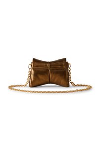 Small bronze leather handbag with a soft fold design and detachable gold chain strap resting on a white surface.