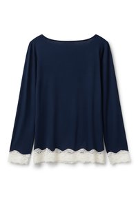 Maglietta a manica lunga blu navy con ampio scollo, caratterizzata da un bordo in pizzo bianco ondulato all'orlo e ai polsini, realizzata in tessuto morbido.