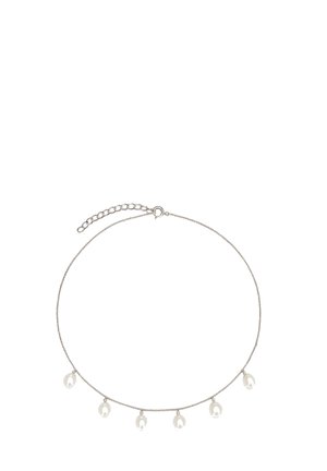 Collana a catena in argento con sei pendenti di perle bianche distribuiti uniformemente e chiusura regolabile.
