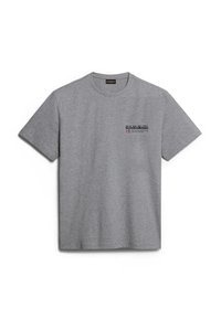 Camiseta de algodón gris con cuello redondo, mangas cortas y un pequeño diseño de logo en el pecho, que presenta un acabado texturizado.