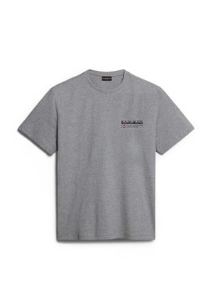 Gray cotton t-shirt with a crew neck, short sleeves, and a small logo design on the chest, featuring a textured finish.