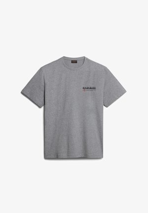 T-shirt in cotone grigio con collo a giro, maniche corte e un piccolo logo sul petto, caratterizzato da una finitura testurizzata.