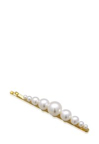 Barrette dorée ornée d'une rangée de sept perles blanches de tailles variées, présentant une finition brillante et une texture lisse.