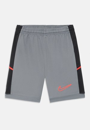 Pantaloni sportivi grigi con pannelli laterali neri, vita elastica e logo Nike rosso. Presentano una texture in mesh traspirante lungo i lati.
